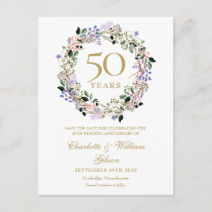 Cartão Postal De Anúncio Aniversário de Casamento Floral 50º Salve a Data