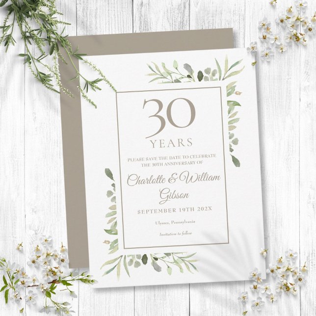 Cartão Postal De Anúncio Aniversário do 30 Salve a Data Veneração da Aquare (30th Anniversary Save the Date Watercolor Greenery Announcement Postcard)