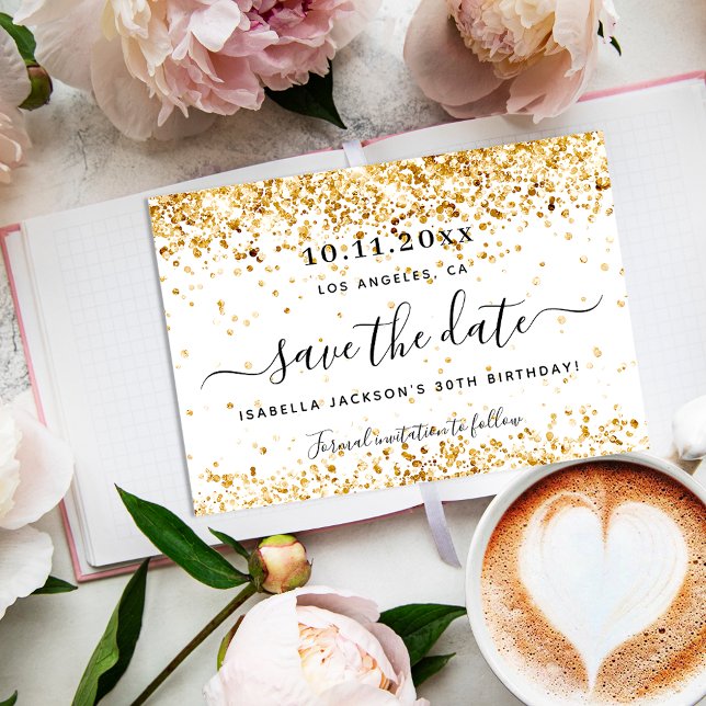 Cartão Postal De Anúncio Aniversário elegante de ouro branco Salve a Data (Criador carregado)