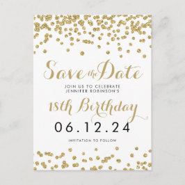 Cartão Postal De Anúncio Aniversário Guarde a Data Dourada da Glitter Confe