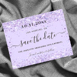 Cartão Postal De Anúncio Aniversário violeta violeta roxa, salvem a data<br><div class="desc">Uma cinta e moda Salve a placa Date para uma festa de aniversário 40th (ou qualquer idade). Um fundo colorido violeta, lavanda, decorado com poeira de falso brilho. Personalize e adicione uma data e nome/idade 40. O texto: Salvar a Data é gravado com um script de estilo com letra de...</div>