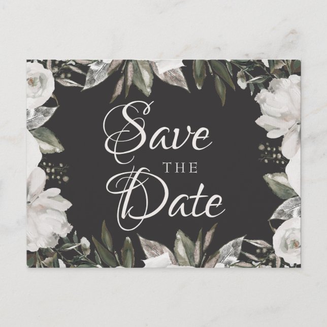 Cartão Postal De Anúncio Antigo Cherish Branco Floral e Rosas Save the Date (Frente)