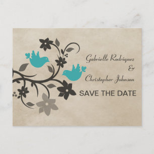 Cartão Postal De Anúncio Aqua Floral Lovebird Salve o Cartão-Postal de Data