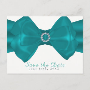 Cartão Postal De Anúncio Aqua Ribbon & Diamonds Elegante Glam Save the Date