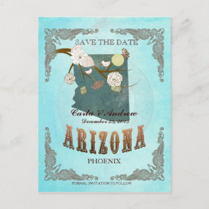 Cartão Postal De Anúncio Aqua Save The Date - Mapa do Arizona Com Lindos Pá