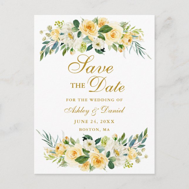 Cartão Postal De Anúncio Aquarela Amarelo Branco Floral Dourado Salve o Dat (Frente)