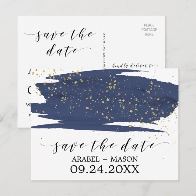 Cartão Postal De Anúncio Aquarela Azul Marinho e Dourado Casamento Salve a  (Frente/Verso)