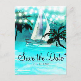 Cartão Postal De Anúncio Aquarela Barco à Vela Árvores & Luzes Salve a Data