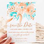 Cartão Postal De Anúncio aquarela floral de praia tropical exceto data<br><div class="desc">aquarela floral de praia tropical salvo o cartão de data com cor de coral de areia laranja pintada,  flores azuis lacrimogêneas,  folhas,  elementos botânicos pampas.</div>