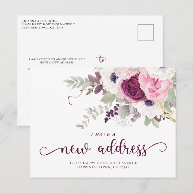 Cartão Postal De Anúncio Aquarela Floral Mudei de Endereço Anno (Frente/Verso)