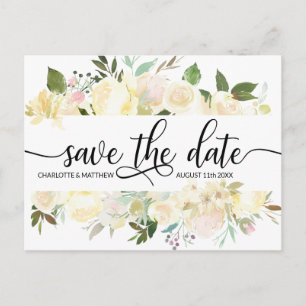 Cartão Postal De Anúncio Aquarela Floral Rosa Marfim Casamento SALVE A DATA