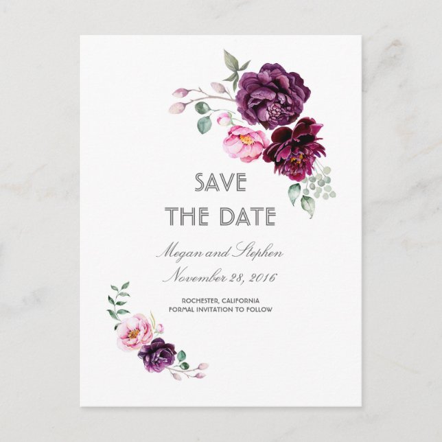 Cartão Postal De Anúncio Aquarela Floral Roxo Ameixa Save the Date (Frente)
