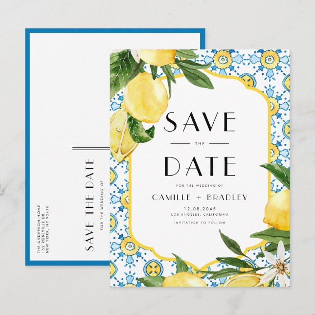 Cartão Postal De Anúncio Aquarela Limão e Azulejo Marroquino Salve a Data (Frente/Verso)