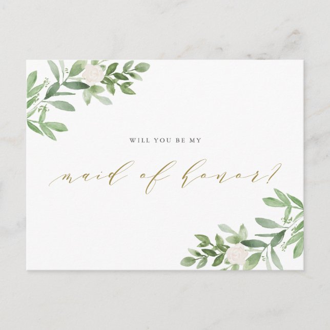 Cartão Postal De Anúncio Aquarela Verde Você Será Minha Dama de Honra (Frente)