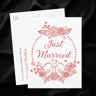 Cartão Postal De Anúncio Arara Floral de Noiva Casada Vermelha Casamento