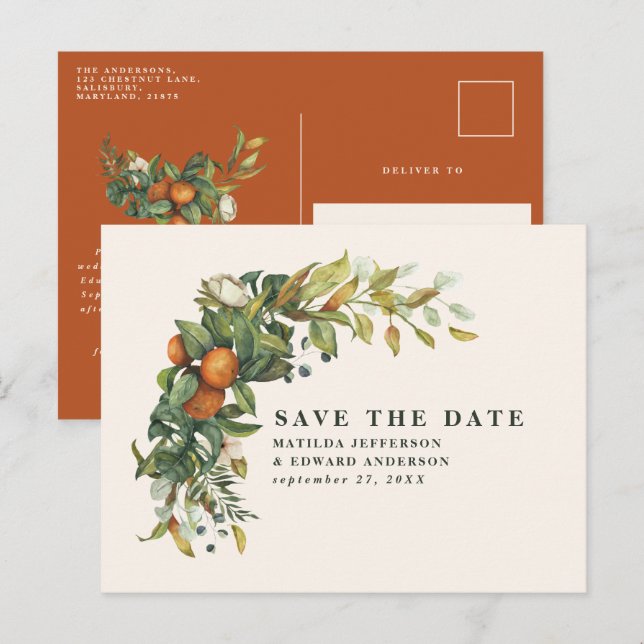Cartão Postal De Anúncio Arranjo elegante de citrinos botânicos do casament (Frente/Verso)