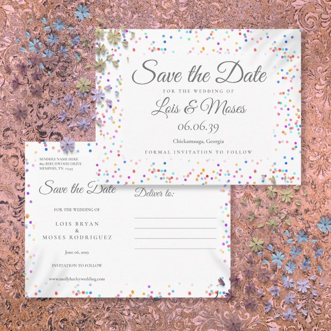 Cartão Postal De Anúncio Arranjo Romântico de Arco-Íris Save the Date (Romantic Rainbow Confetti Save the Date Announcement Postcard)