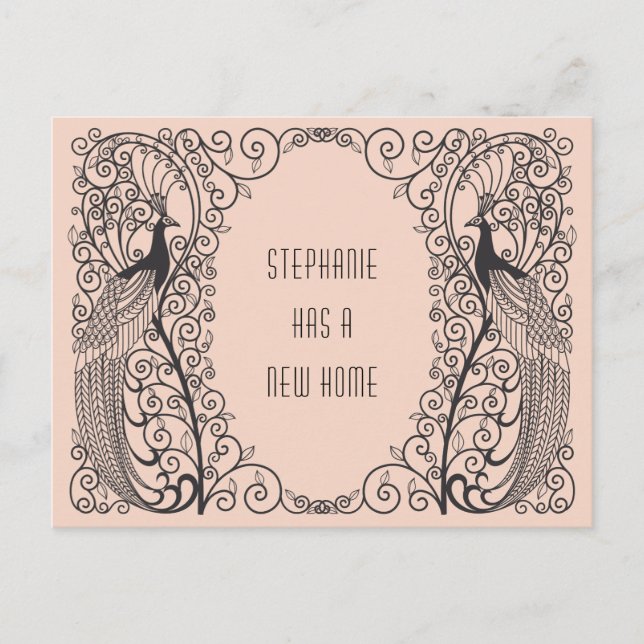 Cartão Postal De Anúncio Art Deco Pavão Novo Endereço em Movimento (Frente)