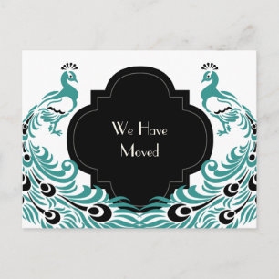 Cartão Postal De Anúncio Art Deco Peacock Black and Blue Change of Address