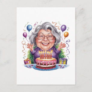 Cartão Postal De Anúncio Arte de Bolo de Aniversário de Senhora Idosa Anima