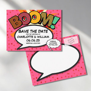 Cartão Postal De Anúncio Arte Pop de Quadrinhos BOOM Salve a Data