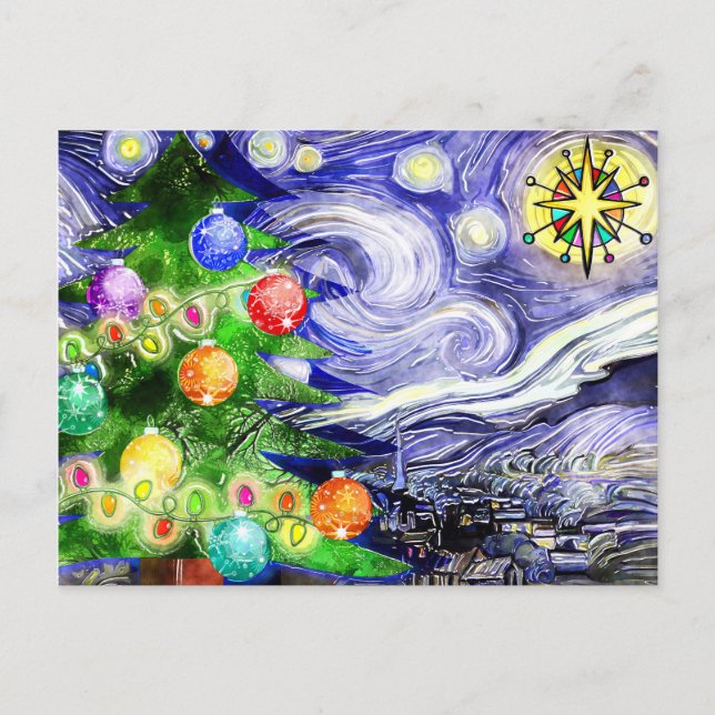 Cartão Postal De Anúncio Árvore de Natal Noturna Estrelada Aquarela (Frente)