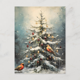 Cartão Postal De Anúncio Árvore de Natal Rústica de Inverno Pássaros Vermel