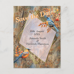 Cartão Postal De Anúncio Árvores altas, Folhas de outono e Aves Azuis.