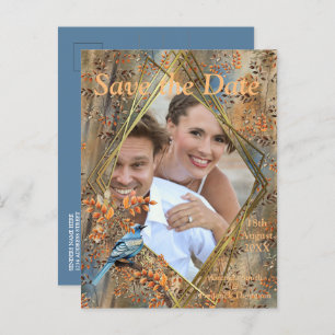 Cartão Postal De Anúncio Árvores altas, Folhas de outono e Aves Azuis.