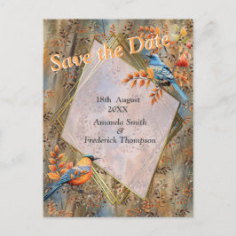 Cartão Postal De Anúncio Árvores altas, folhas de outono e pássaros azuis.