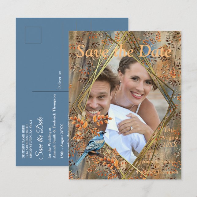 Cartão Postal De Anúncio Árvores altas, folhas de outono & pássaros azuis. (Frente/Verso)