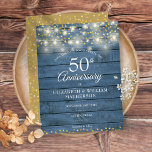 Cartão Postal De Anúncio As luzes de cadeia de madeira de 50 anos salvam a<br><div class="desc">Com luzes bonito de cordas e delicados corações dourados,  confete em um fundo azul rústico de madeira. Personalize com seu especial aniversário de 50 anos de ouro,  salve as informações de data em letra chic. Projetado por Thisnotme©</div>