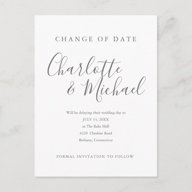 Cartão Postal De Anúncio Assinatura Moderna Alterar a Data Adiada (Frente)