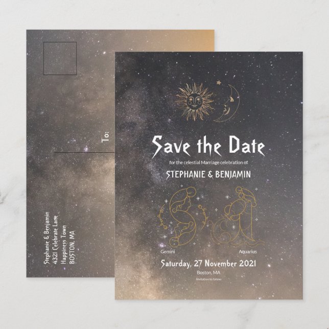 Cartão Postal De Anúncio Astrologia Celestial Gêmeos Aquário Signo do Zodía (Frente/Verso)