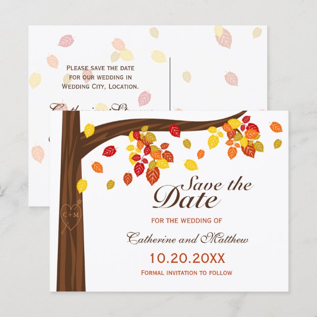 Cartão Postal De Anúncio Autumn Falling Deixa O Casamento Salvar A Data (Frente/Verso)