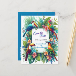 Cartão Postal De Anúncio Aves Tropicais Coloridas e Plantas Vibrantes