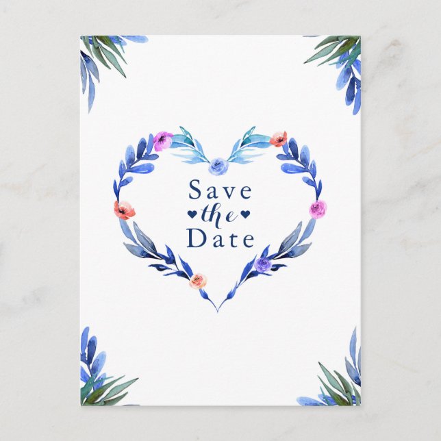 Cartão Postal De Anúncio Azul Brilhante Aquarela Floral Salva a Data (Frente)