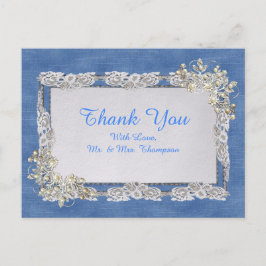 Cartão Postal De Anúncio Azul Denim, renda e Pérolas de Marfim