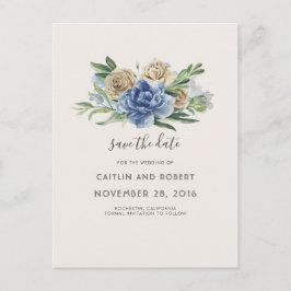 Cartão Postal De Anúncio Azul empoeirado e floral rústico marfim Salve a da
