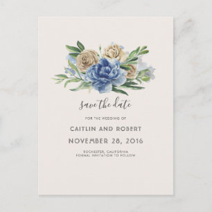 Cartão Postal De Anúncio Azul empoeirado e floral rústico marfim Salve a da