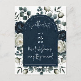 Cartão Postal De Anúncio Azul Escuro e Branco Moderno Save Date com Flora e