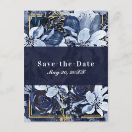 Cartão Postal De Anúncio Azul Marinho Dourado Floral Save the Date Aquarela