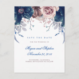 Cartão Postal De Anúncio Azul Marinho e Floral Lilás Salve a Data