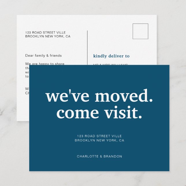 Cartão Postal De Anúncio Azul Marinho Moderno Nós Mudamos (Frente/Verso)