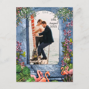 Cartão Postal De Anúncio Azul mármore e flamingos cor-de-rosa