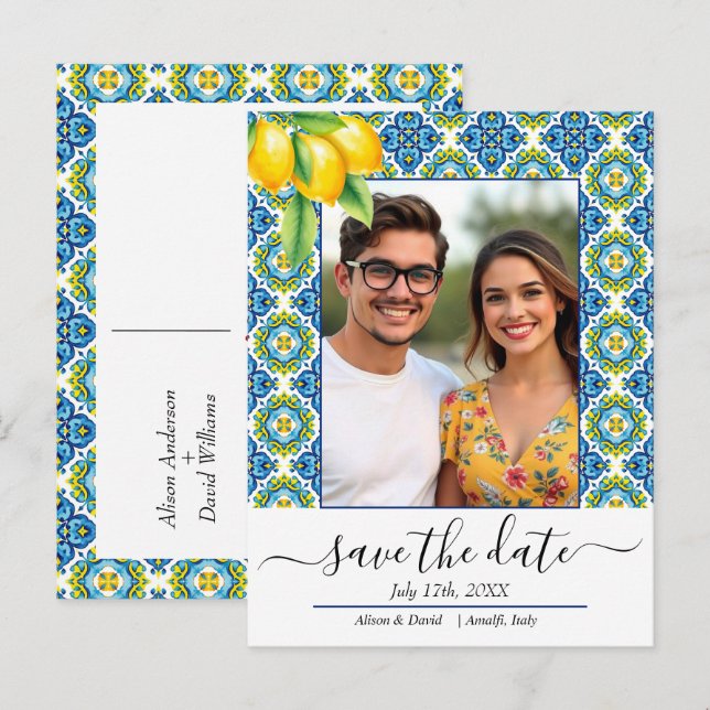 Cartão Postal De Anúncio Azul mediterrâneo e azulejo amarelo de limão casam (Frente/Verso)