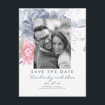 Cartão Postal De Anúncio Azul pálido e cor-de-rosa poeirento Salvar a data<br><div class="desc">Flores azuis e cor-de-rosa elegantes fotos salvam os cartões postais - sintam-se livres para remover o filtro de fotos preto e branco no modo "personalizá-lo".</div>
