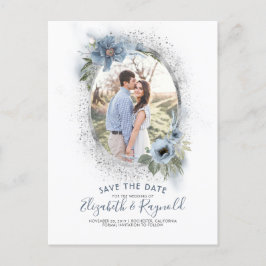 Cartão Postal De Anúncio Azul Poento e Prata Foto Save the Date