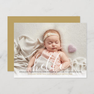 Cartão Postal De Anúncio Baby Photo Elegant Script Hello Dourado Birth Anno