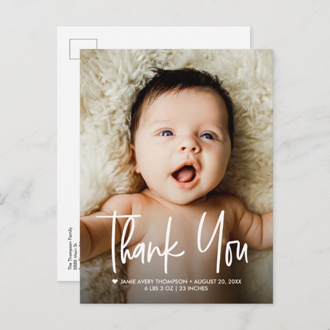Cartão Postal De Anúncio Baby Photo Thank you Modern Design Birth (Frente/Verso)